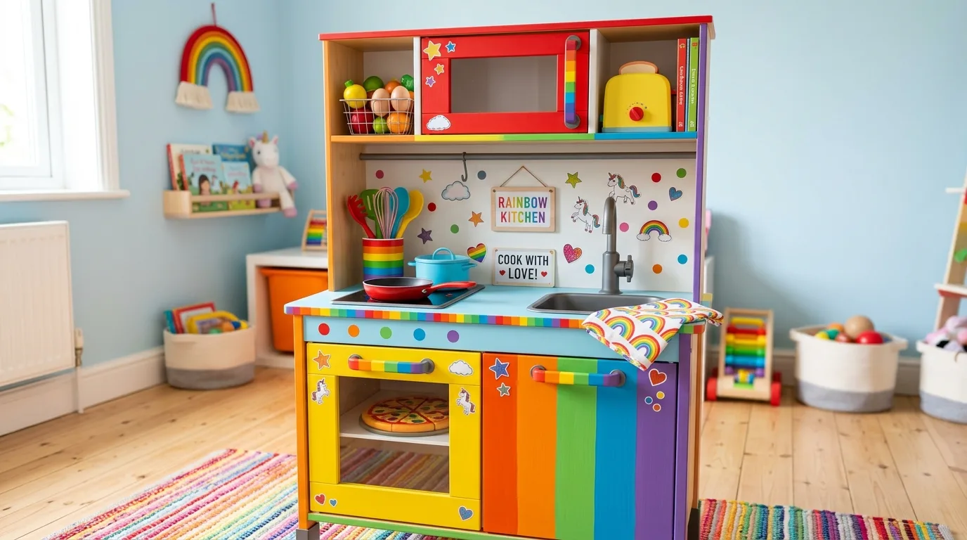 Add open shelves or rails for playful storage inspiration for a kids play kitchen.